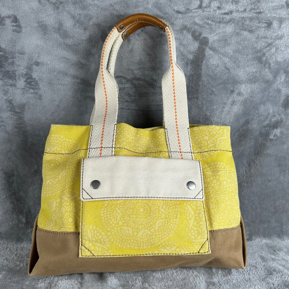 Fossil Canvas Tote Bag Yellow Brown Geometric Print Leather Trim Handbag